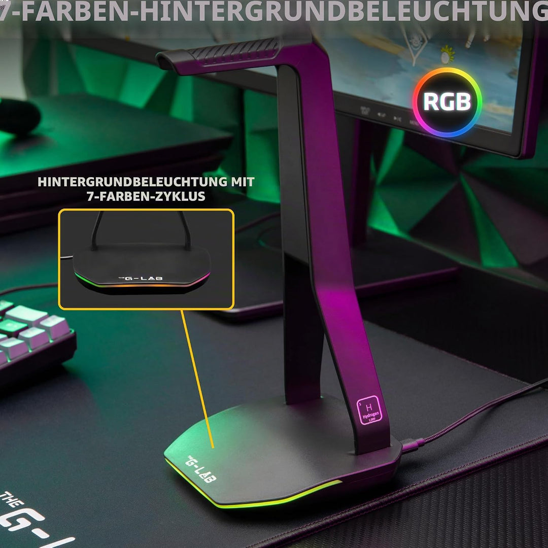 The G-Lab – K-Stand Hydrogen – Gaming Kopfhörer Ständer – RGB mit 7 Farben, EIN/Aus-Schalter, 2X USB