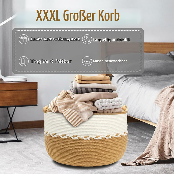 Grosser Wäschekorb aus Baumwolle XXL, Geflochtener, faltbarer &amp; waschbarer Aufbewahrungskorb für Wäs