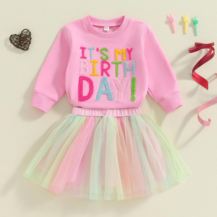 MAHUAOYIXI Baby Mädchen Geburtstag Outfit Prinzessein Spitzen Rock Set Langarm Buchstaben Stickerei