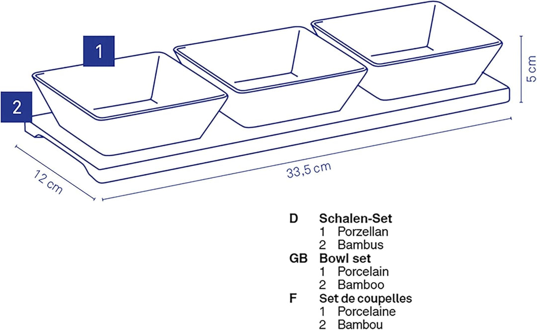 kela Servierschalen Set 4tlg PHILIPA, Porzellan Snackschalen mit Bambus Servierplatte, eckig, Dipsch
