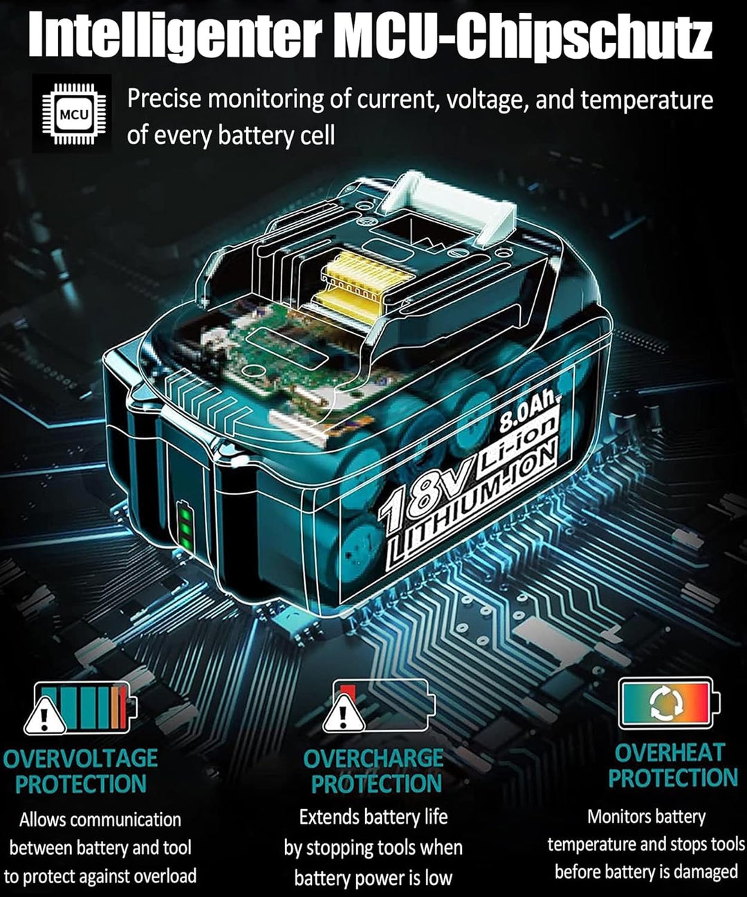 2X 18V 8.0Ah/8000mAh Ersatzakku für makita akku | Kompatibel BL1860B BL1850B BL1840 BL1830 BL1845 BL