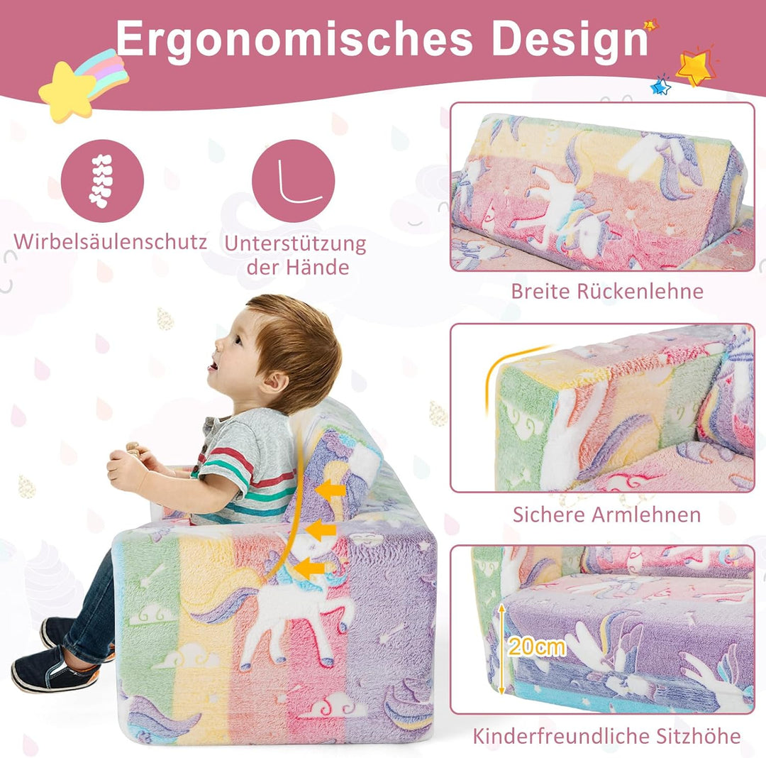 DREAMADE 2-in-1 Kindersofa ausklappbar, Kindersessel aus Flanellstoff mit leuchtenden Mustern, abneh