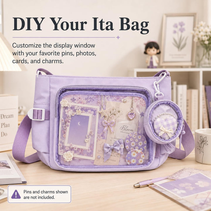 Ita Crossbody Tasche für Damen, Nylon Schultertasche mit transparentem Display-Fenster und herausneh