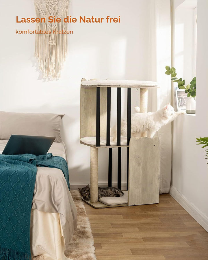 FourFurPets 3-stufiger moderner Kratzbaum, 111 cm hoch, Katzenbaum, mit 2 Voll Sisal Kratzsäulen, 3