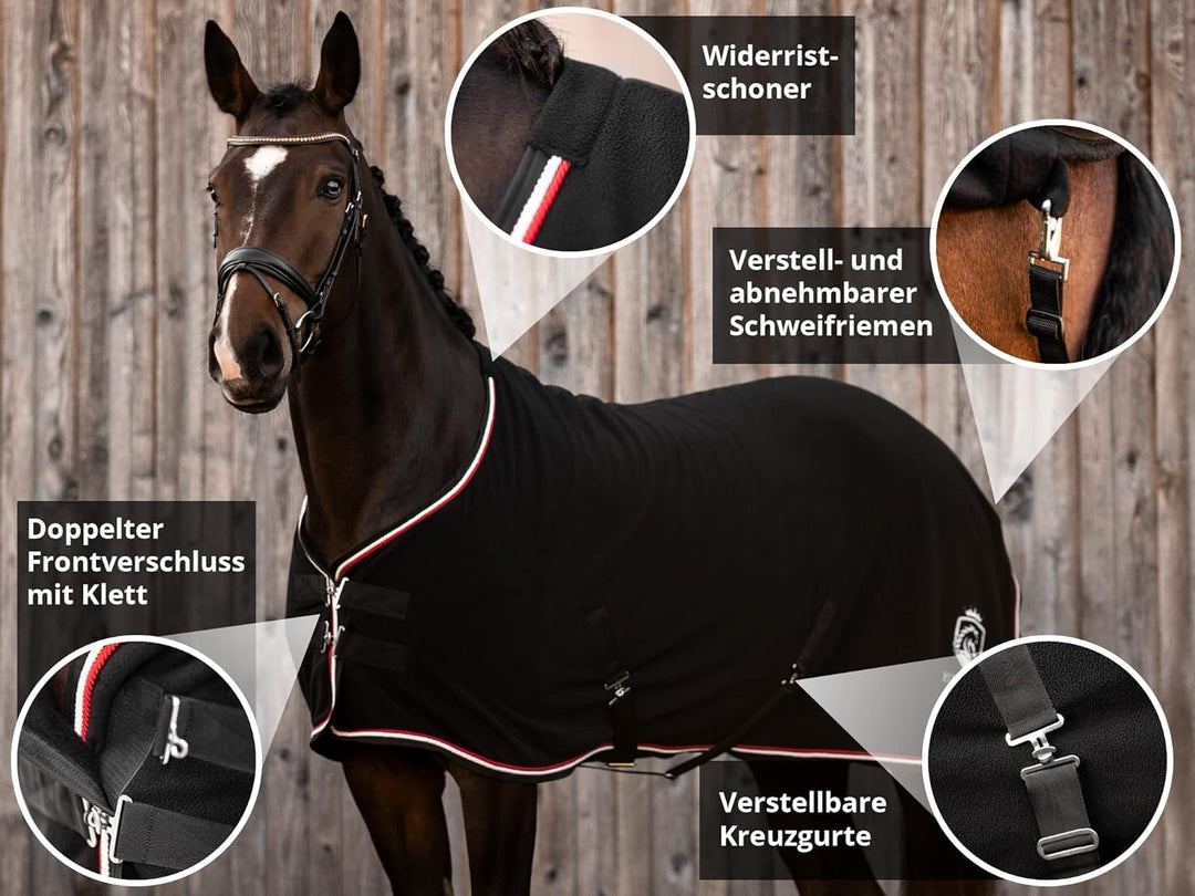 EQUILYX® Abschwitzdecke Pferd mit Teddy-Kragen und abnehmbaren Kreuzgurten [perfekte Passform] Fleec