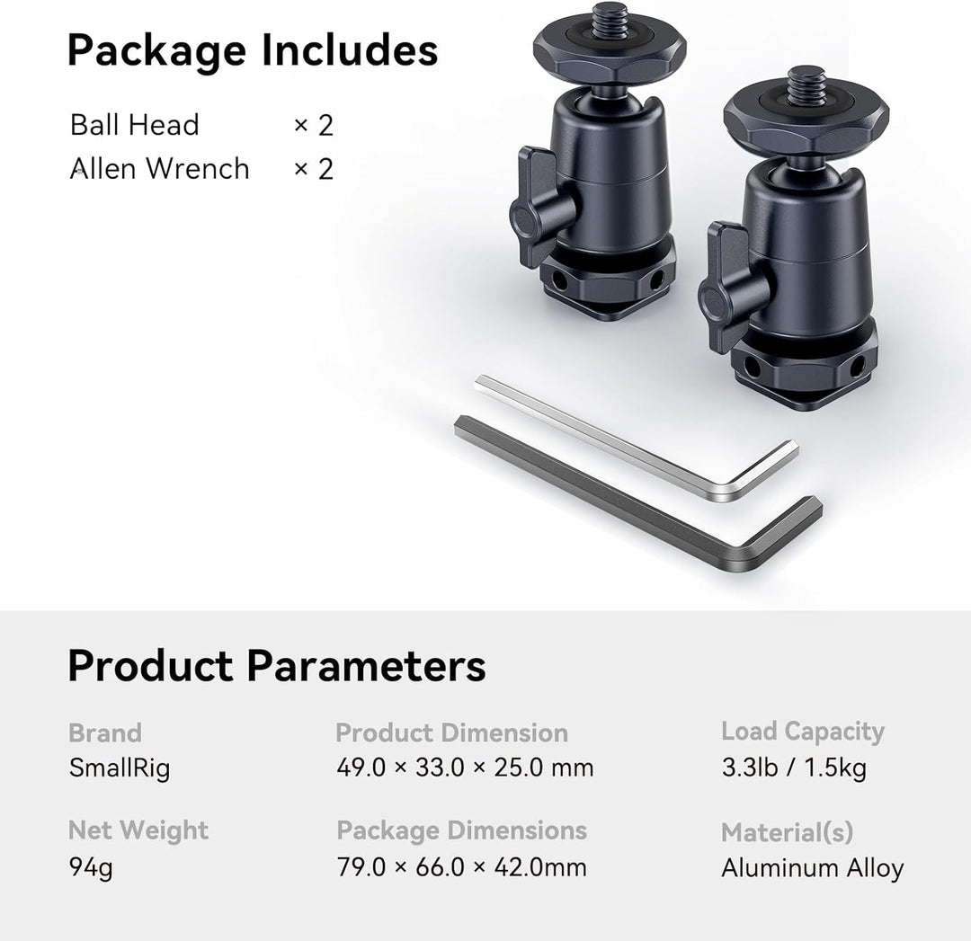 SMALLRIG Mini Ball Head (2er-Pack) mit 1/4"-Schraube und Abnehmbarer Schuhhalterung, 360 Grad drehba
