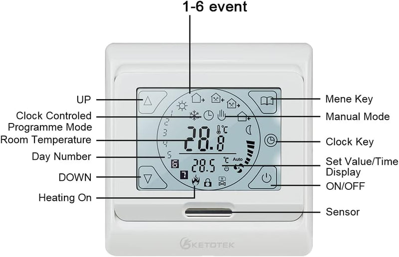 KETOTEK Thermostat Fussbodenheizung Elektrisch Programmierbar mit fühler 16A, Digitale Raumthermosta