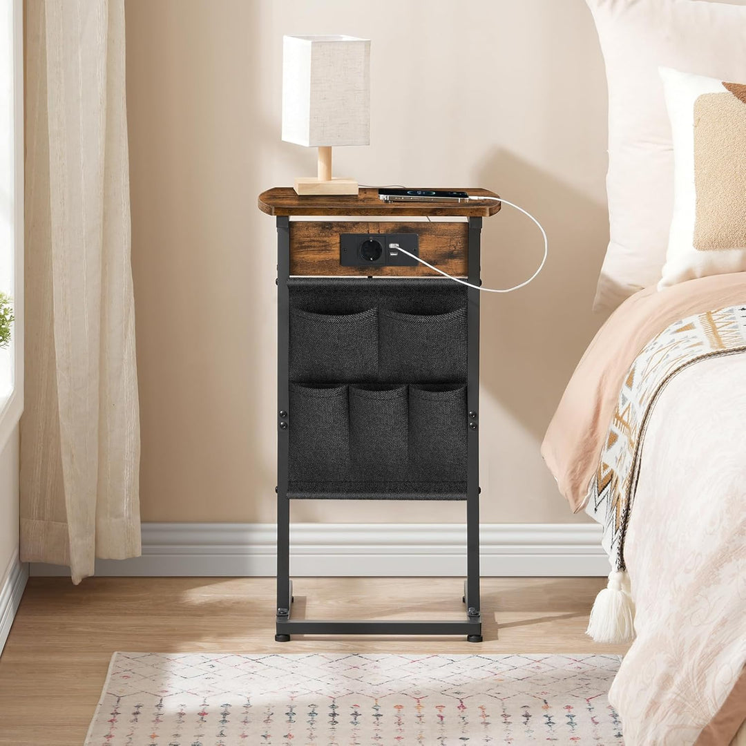 HOOBRO C-Form Beistelltisch mit Ladestation, Couchtisch mit gebogener Platte, Sofatisch mit Vliestas