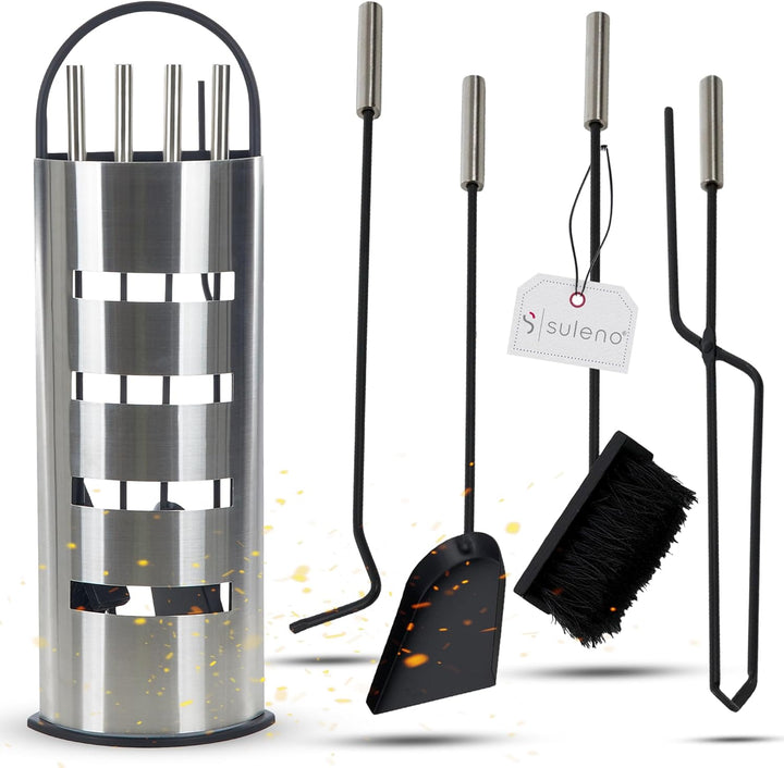 SULENO Kaminbesteck LONDON 5-teilig Kamingarnitur mit Ascheschaufel Besen Schürhaken, Kaminset & Hal