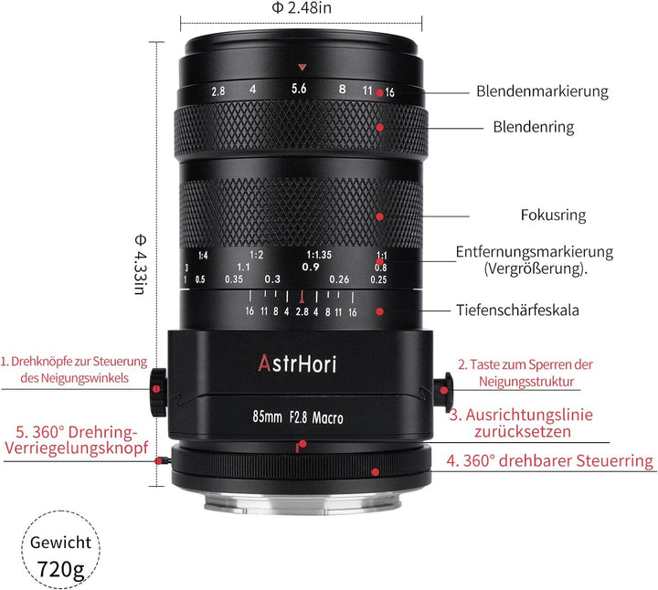 AstrHori 85 mm F2,8 Makro & Tilt & Mittleres Tele 3 in 1 Manuelles Vollformat Insekt Juwel Porträtob