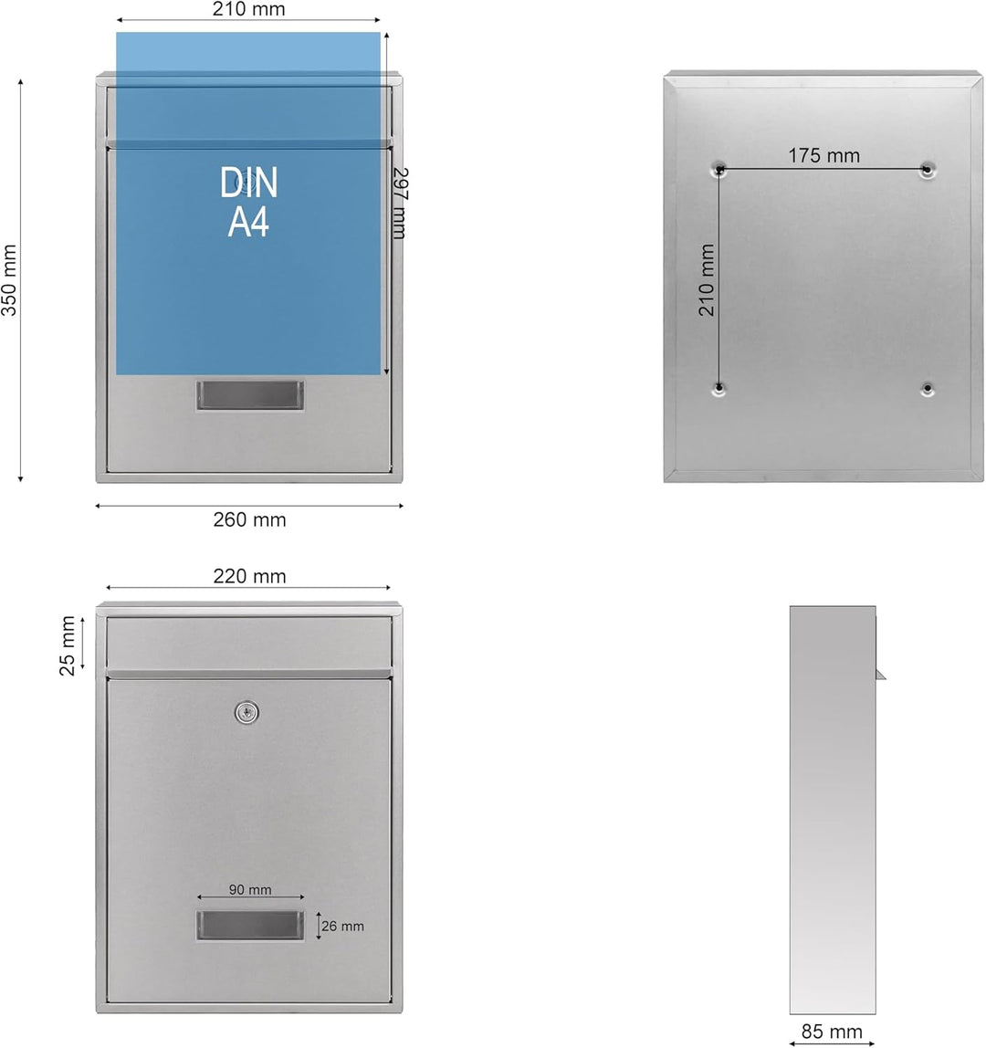 Wiltec Briefkasten V10 Edelstahl 260 x 90 x 350 mm, Wandbriefkasten mit Schloss und Namensschild, Po