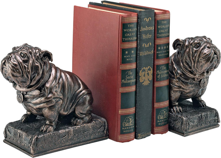 Design Toscano Britisches Maskotchen Bulldogge Buchstützen, Polyresin, bronze-finish, 15 cm, 2er Set