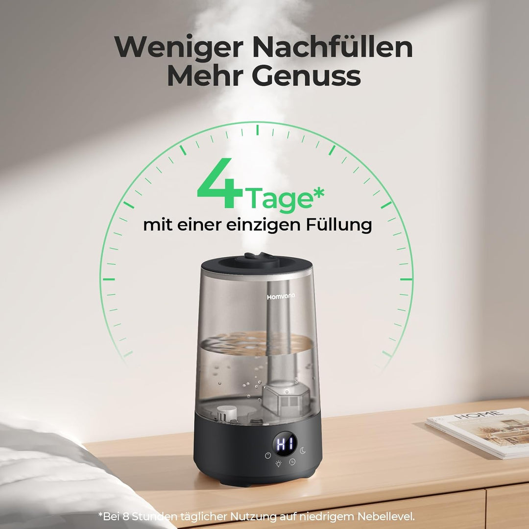 Homvana Luftbefeuchter Schlafzimmer Top-Fill, 3.6L 360°Cool Mist 34H Dauerhaft, Ruhig 16dB (SilentSp