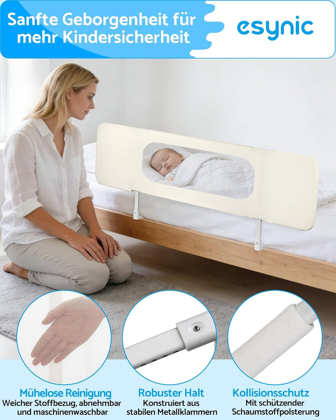 eSynic Tragbares Bettschutzgitter 150 cm Cremeweiss Bettgitter Mobiler Rausfallschutz für Kinder & K