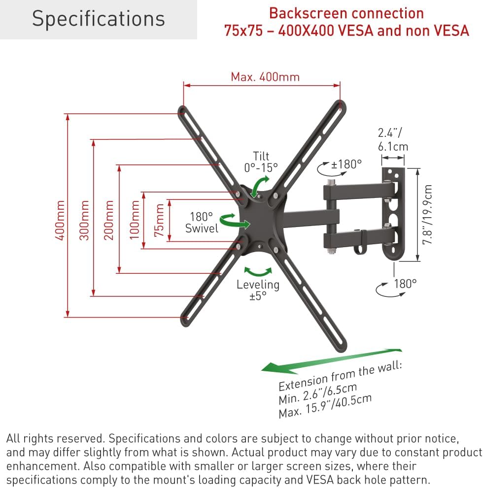 Barkan TV Wandhalterung, 13-65 Zoll Schwenkbar/Neigbar/Vollbewegung TV Halterung, hält bis 36Kg, für