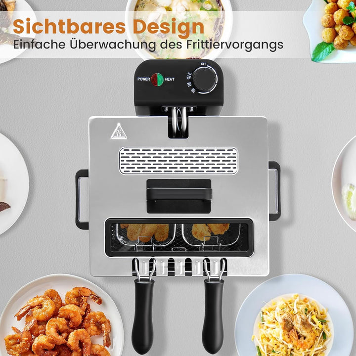 RELAX4LIFE 2000W Öl-Fritteuse mit 3 Frittierkörben, 5L elektrischer Friteuse aus Edelstahl, mit Eins