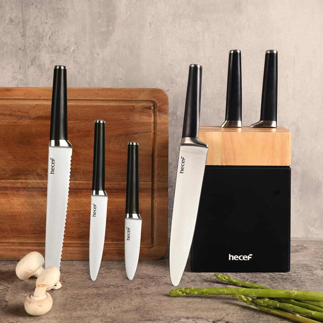hecef Messerblock mit Messer, 7-tlg Scharfe Messerset mit Vollzahn-Konstruktion, Edelstahl Küchenmes
