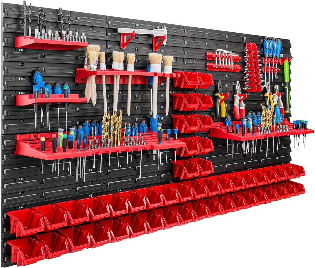 Lagersystem Werkstattregal | 156 x 78 cm | 48 stck. Box | Wandregal mit Werkzeughalterungen und Stap