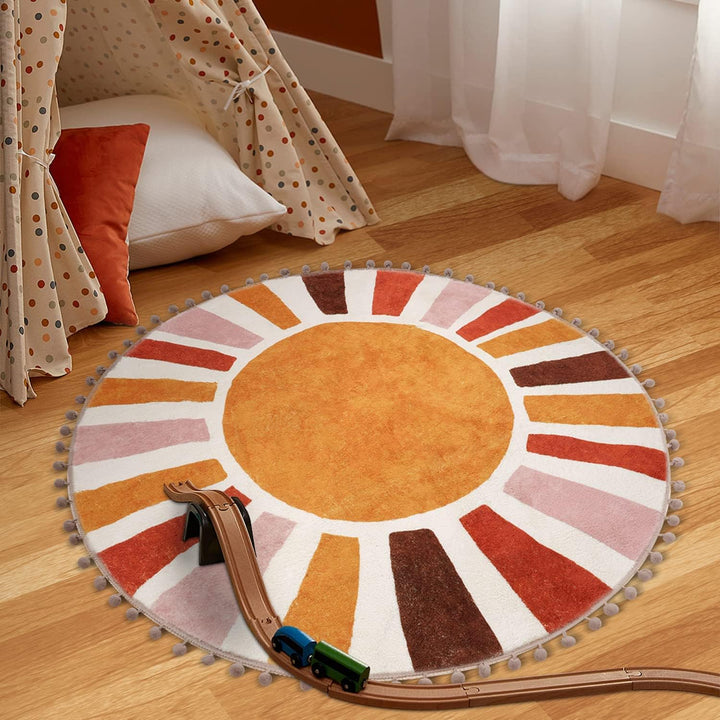 KIMODE Boho Rund Sonne Teppich 90cm,Vintage Weich Badezimmerteppich mit Pompons Rutschfest Waschbare