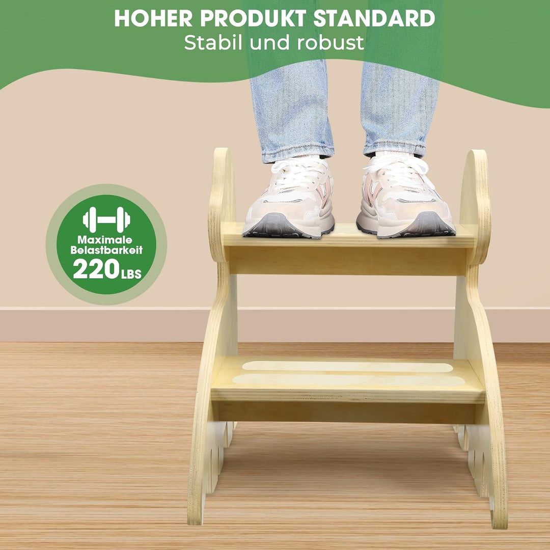 Tritthocker für Kinder aus Holz mit 2 Stufen – rutschfest, Kippsicher &amp; Wasserfest, Kinderhocker mit