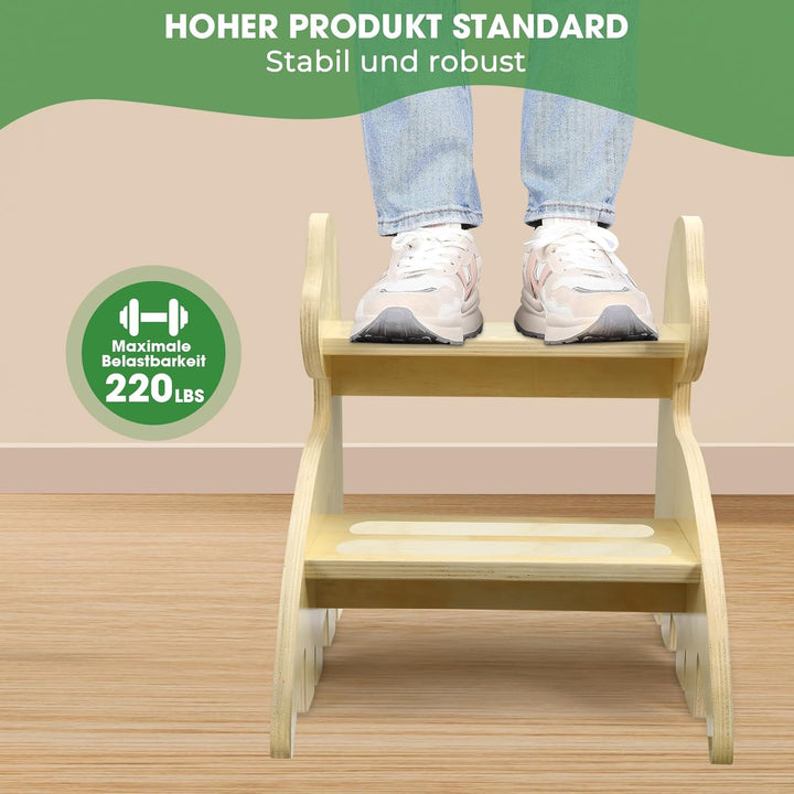 Tritthocker für Kinder aus Holz mit 2 Stufen – rutschfest, Kippsicher &amp; Wasserfest, Kinderhocker mit