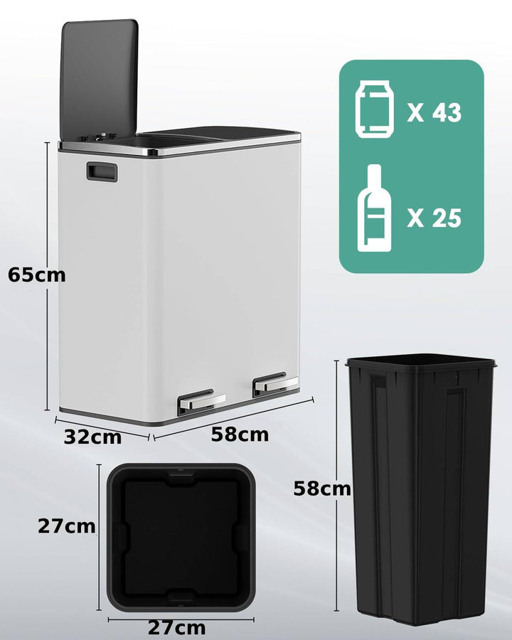 Clevich Mülleimer Küche, 2 x 30 Liter, 2 Fächer, Mülltrennsystem 60L, 2 pcs Kunststoff Inneneimer, S