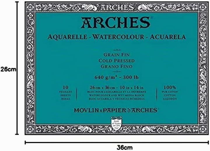 ARCHES Aquarelle – Block 10 Blatt 26 x 36 cm, 4 Seiten – 640 g/m² – Körnung, satiniert, Naturweiss,