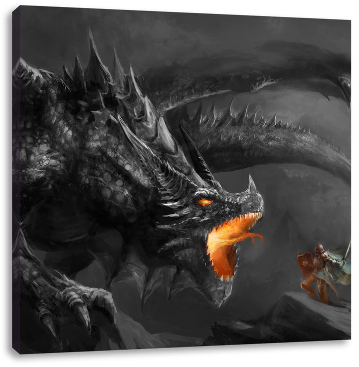 Pixxprint Kampf zwischen Mensch und Drache Schwarz/Weiss, Format: 70x70 auf Leinwand, 70x70