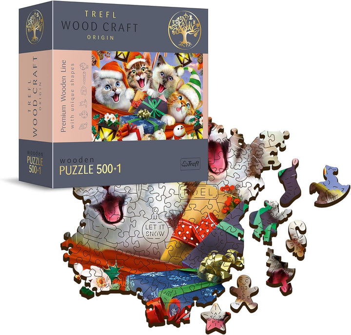 Trefl - Holzpuzzle: Weihnachtskätzchen - 500+1 Teile, Wood Craft, Holzbastelei, unregelmässige Forme