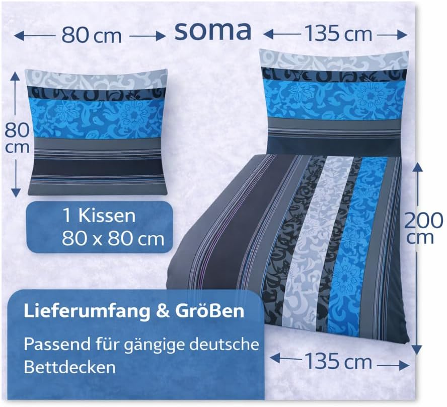 Soma Fein-Biber Bettwäsche Garnitur 135x200 cm 80 x 80 cm anthrazit/Petrol Streifen
