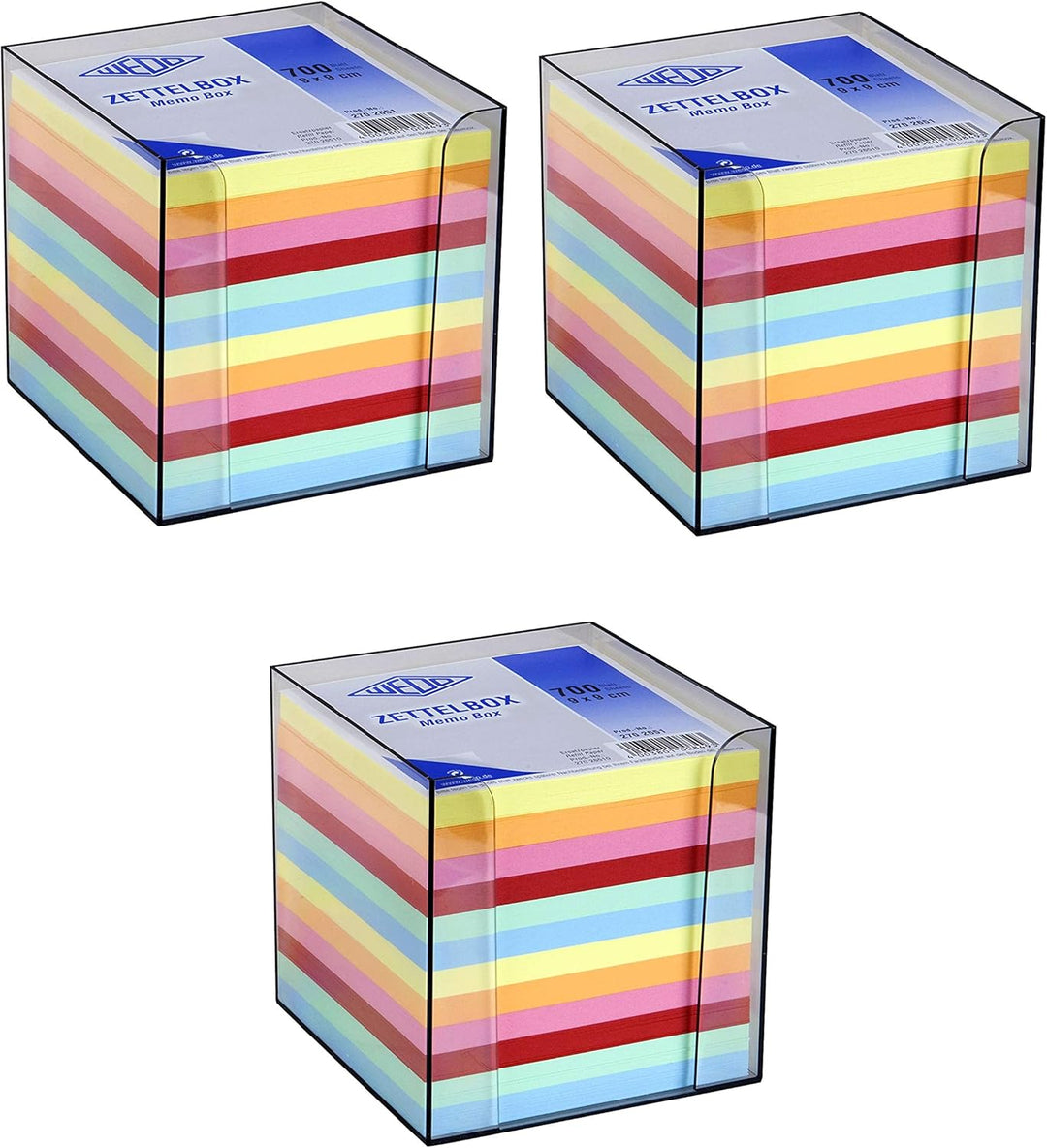 WEDO Zettelbox Kunststoff (9x9 cm, rauchglas gefüllt, 700 Blatt, 6 farbig) (3X Zettelbox)