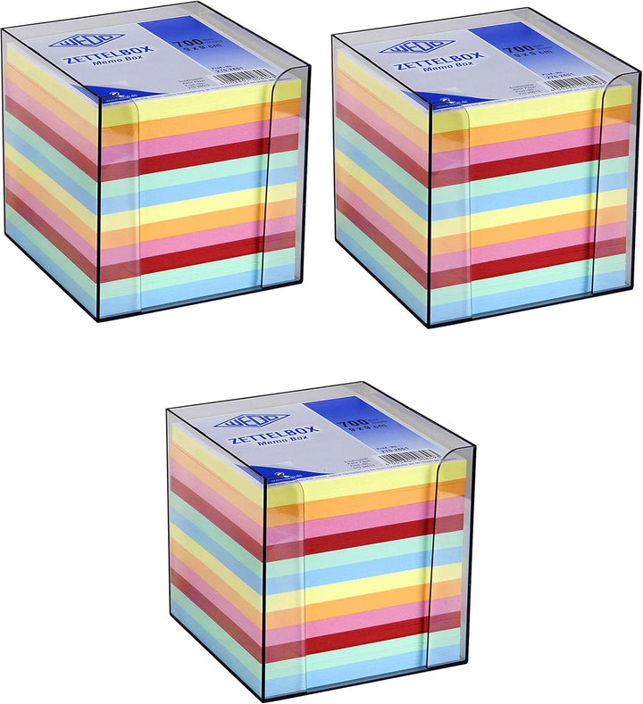 WEDO Zettelbox Kunststoff (9x9 cm, rauchglas gefüllt, 700 Blatt, 6 farbig) (3X Zettelbox)