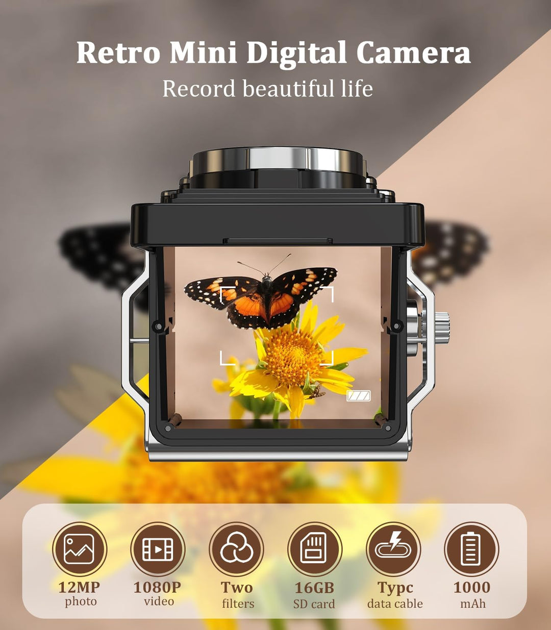 Retro Mini Digitalkamera, 1080P FHD Video Digital Retro Kamera mit 16GB Speicherkarte, 12MP Autofoku