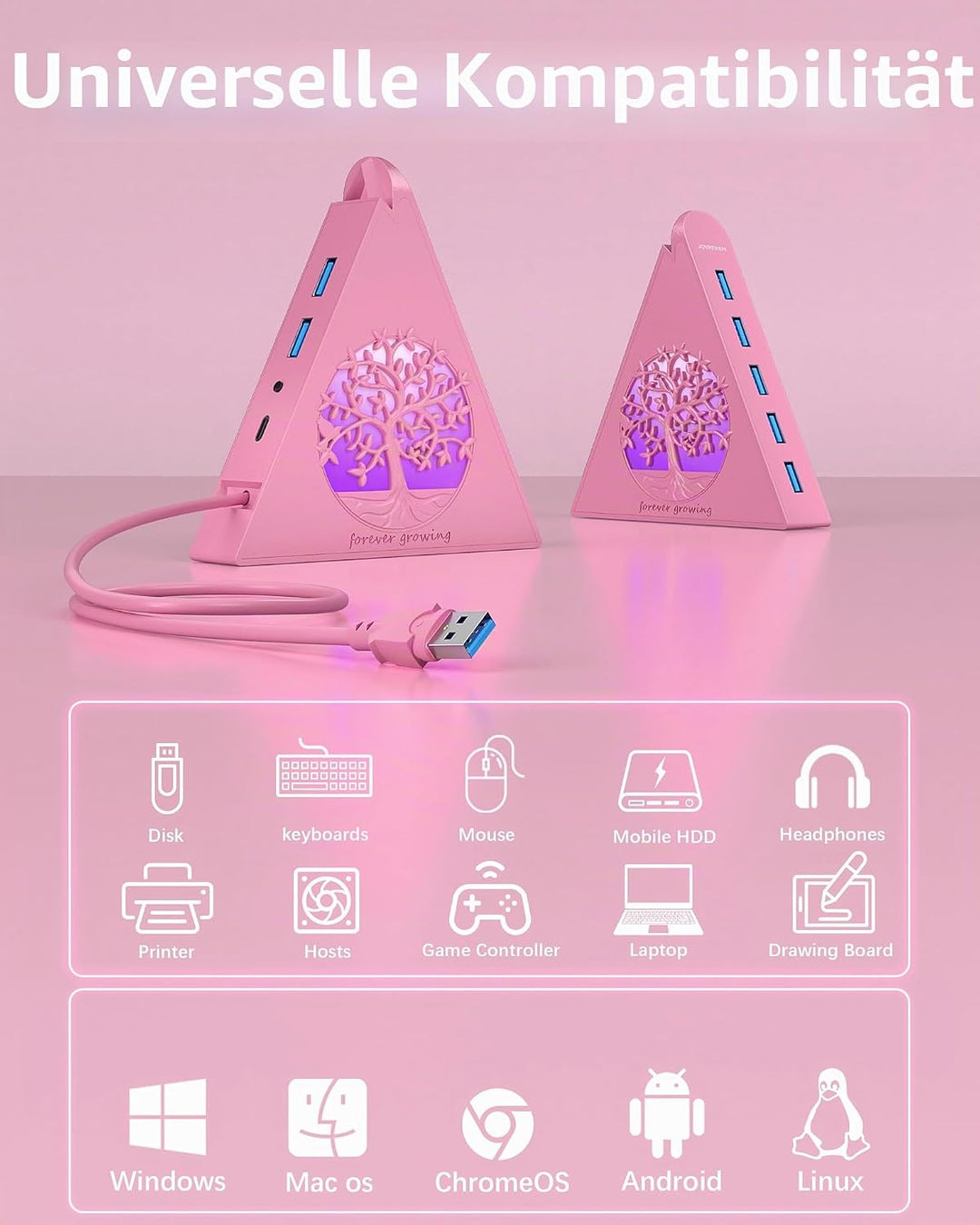 7-Port USB 3.0 Hub, RGB USB Hub mit RGB Baumlicht und 0,6m Kabel, USB Hub 3.0 Rosa USB Expander für