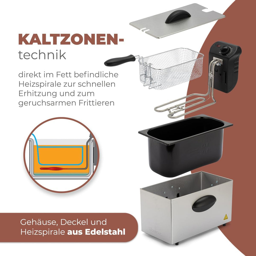 Clatronic FR 3586 Edelstahl-Fritteuse 2,5L Perfekt für Pommes Frittes u. Nuggets, geruchsarmes fritt