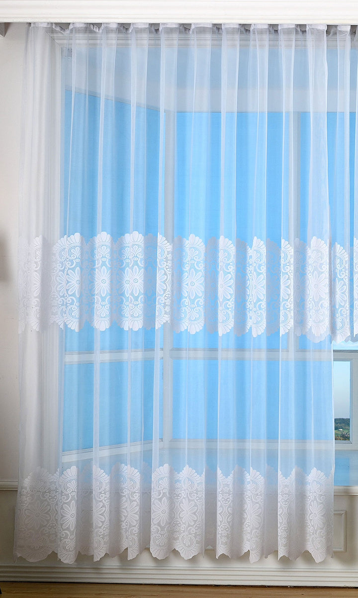 Bogenstore Barock Gardine Jacquard, 245x450, Blumenmuster Weiss Kräuselband Universalband Faltenband