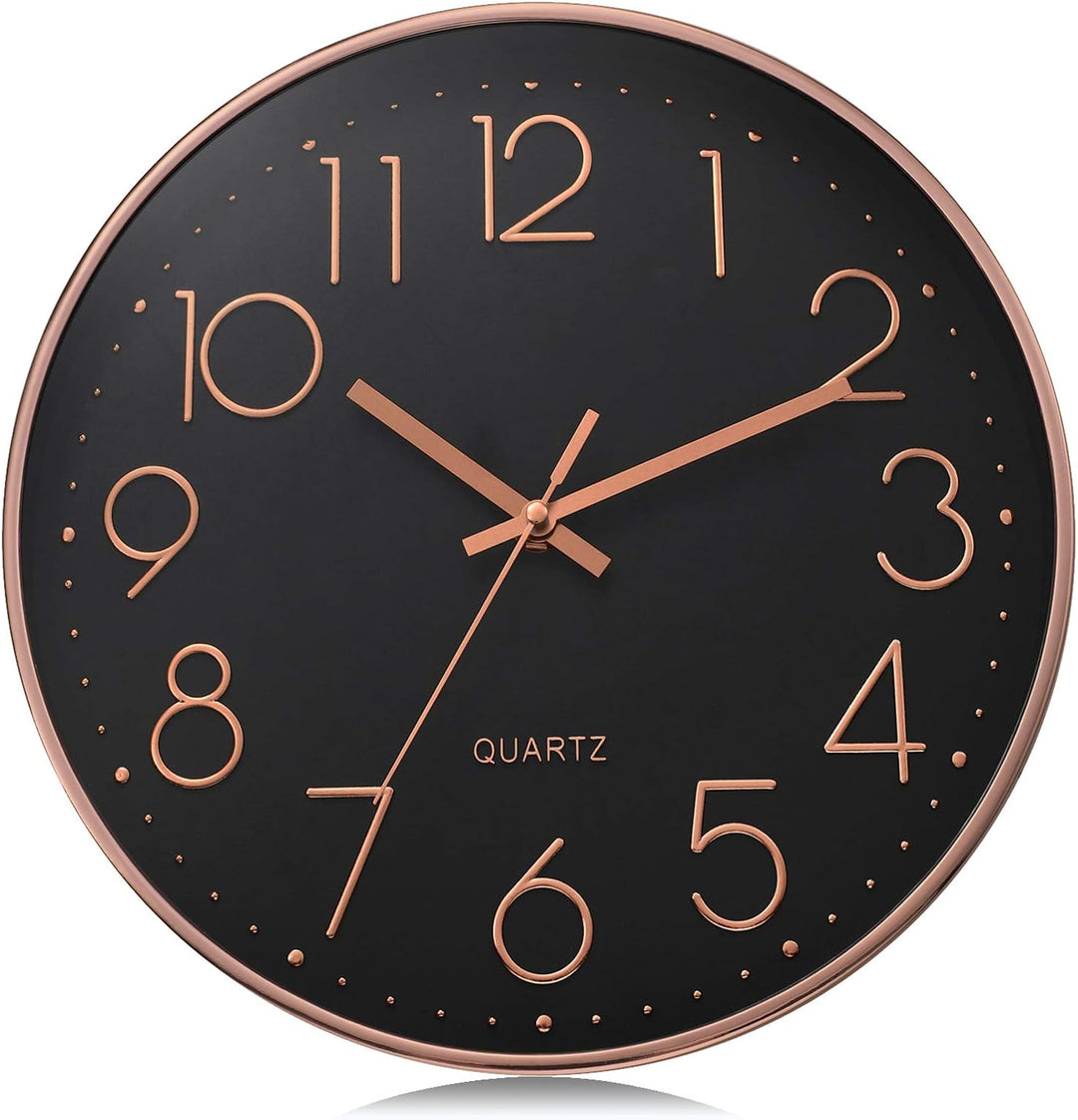 Lafocuse Schwarz Modern Wanduhr Lautlos 30cm, 3D Ziffern Rosegold Ohne Tickgeräusche, Quartz Wanduhr