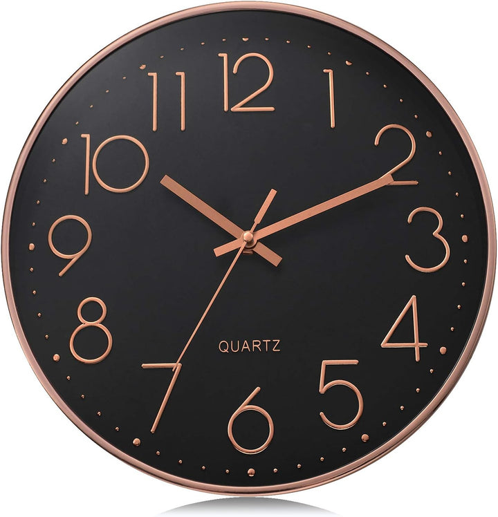 Lafocuse Schwarz Modern Wanduhr Lautlos 30cm, 3D Ziffern Rosegold Ohne Tickgeräusche, Quartz Wanduhr
