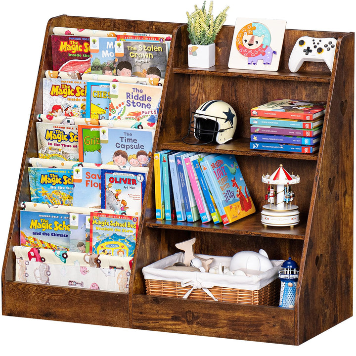 Kinder Bücherregal mit 5 Bücherdisplays und 4 Ablagefächer, Gross Braun Kinderregal Büchergestell fü