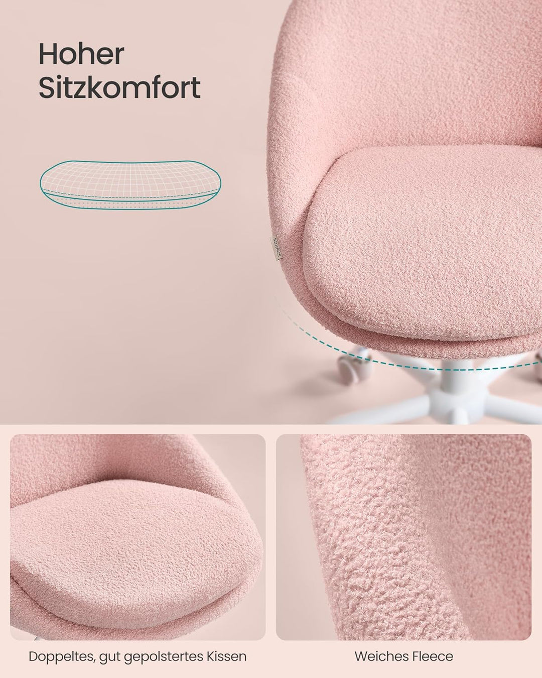 SONGMICS Homeoffice-Stuhl, Schminkstuhl aus Fleece, Schreibtischstuhl, Schaumstoffpolsterung, höhenv