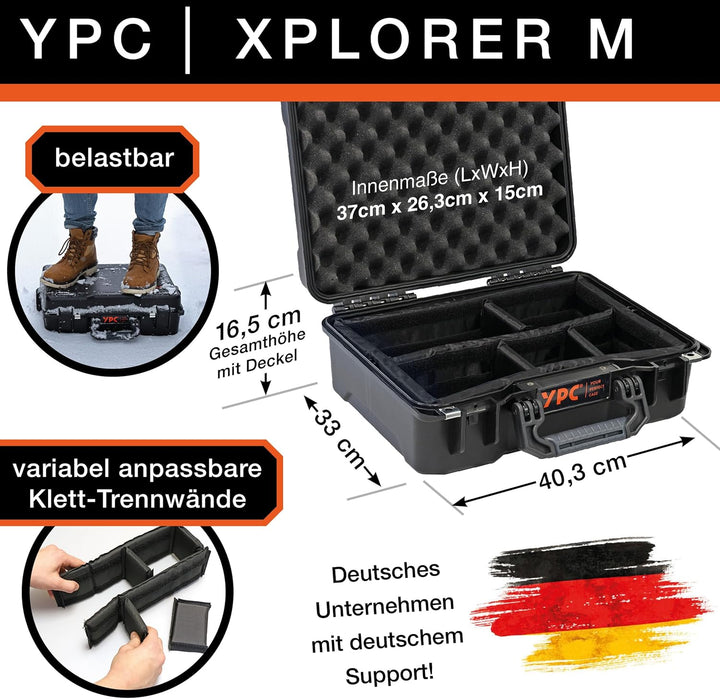 YPC Xplorer Case M – 40cm x 33cm x 16,5cm Outdoor Case, Fotokoffer gepolstert wasserdicht, Kamera Ko