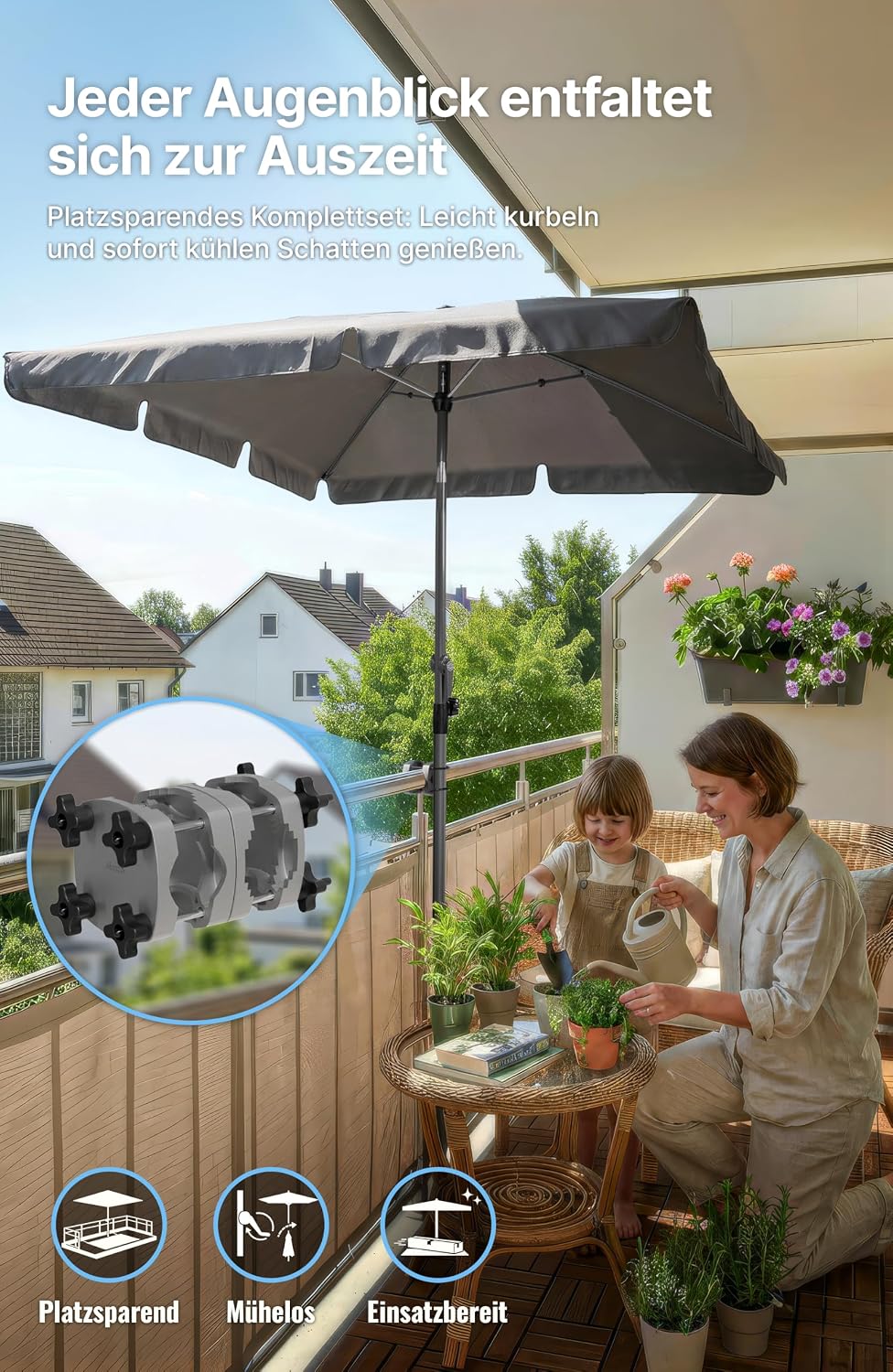 4smile SunnyShade Sonnenschirm Balkon mit Halterung im 3-er-Set, Anthrazit, 200x125 cm, UV 50+, Balk