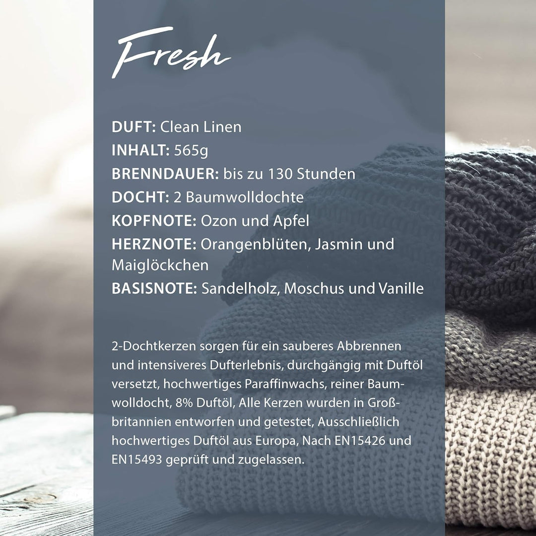Woodbridge Grosse Duftkerze im Glas mit Deckel | Clean Linen | Duftkerze Frisch | Kerzen lange Brenn