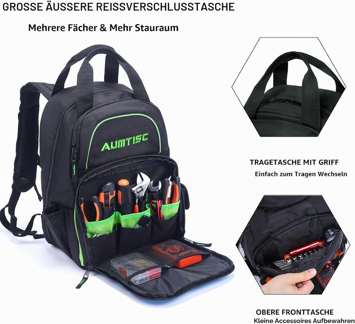 AUMTISC Werkzeug-Rucksack, strapazierfähig, für Baustellen, Werkzeugtasche mit Mehrzwecktasche, für