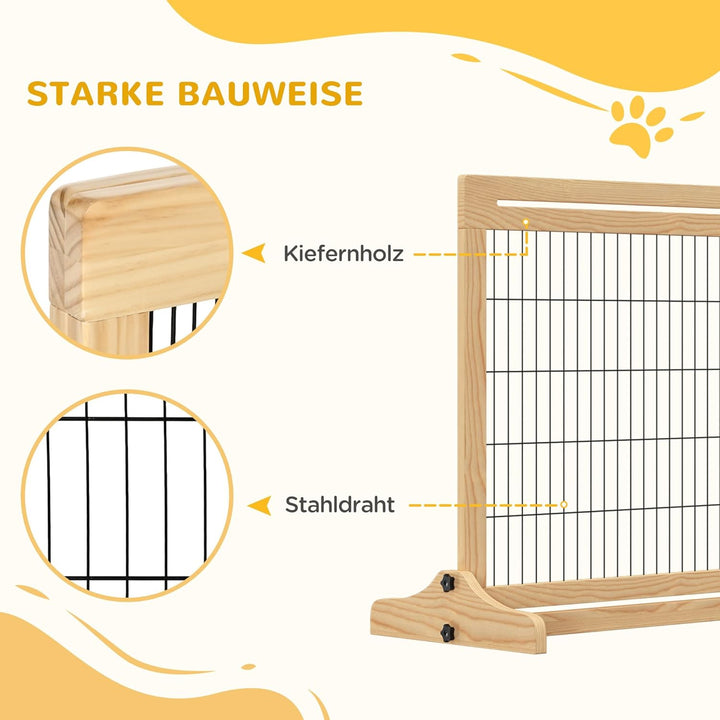 PawHut Hunde Absperrgitter aus Holz, Ausziehbares Türschutzgitter mit Fussstütze, Freistehendes Hund
