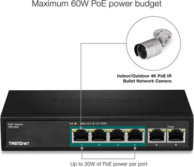 TRENDnet TPE-S50 6-Port Fast-Ethernet-PoE + -Switch, 4 x Fast-Ethernet-PoE + -Ports, 2 x Fast-Ethern