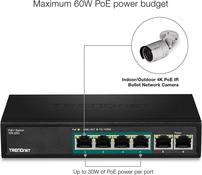 TRENDnet TPE-S50 6-Port Fast-Ethernet-PoE + -Switch, 4 x Fast-Ethernet-PoE + -Ports, 2 x Fast-Ethern