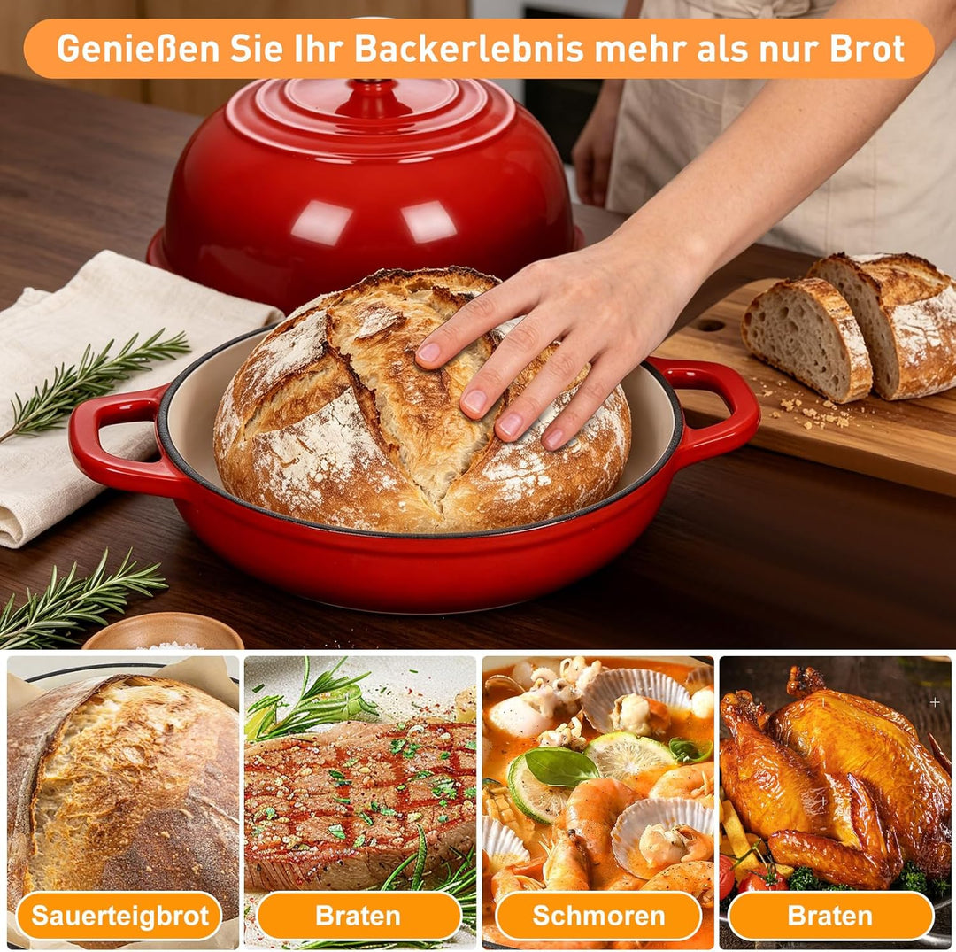 Gusseisen Brotbackform mit Deckel, 4,7L Gusseisen Topf Brot Backen, 23 cm Emaille Bräter mit Deckel,
