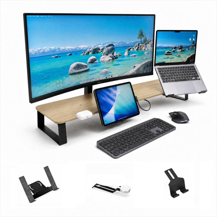 Monitorständer Desk Shelf 100 cm Eiche | Monitorerhöhung Holz mit modularem Schienensystem | Schreib