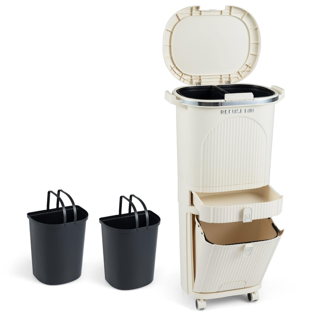 COSTWAY Mülleimer Küche, Mülltrennsystem 3 Fächer, 2 x 12L Inneneimer & 14L Treteimer, Abfalleimer m